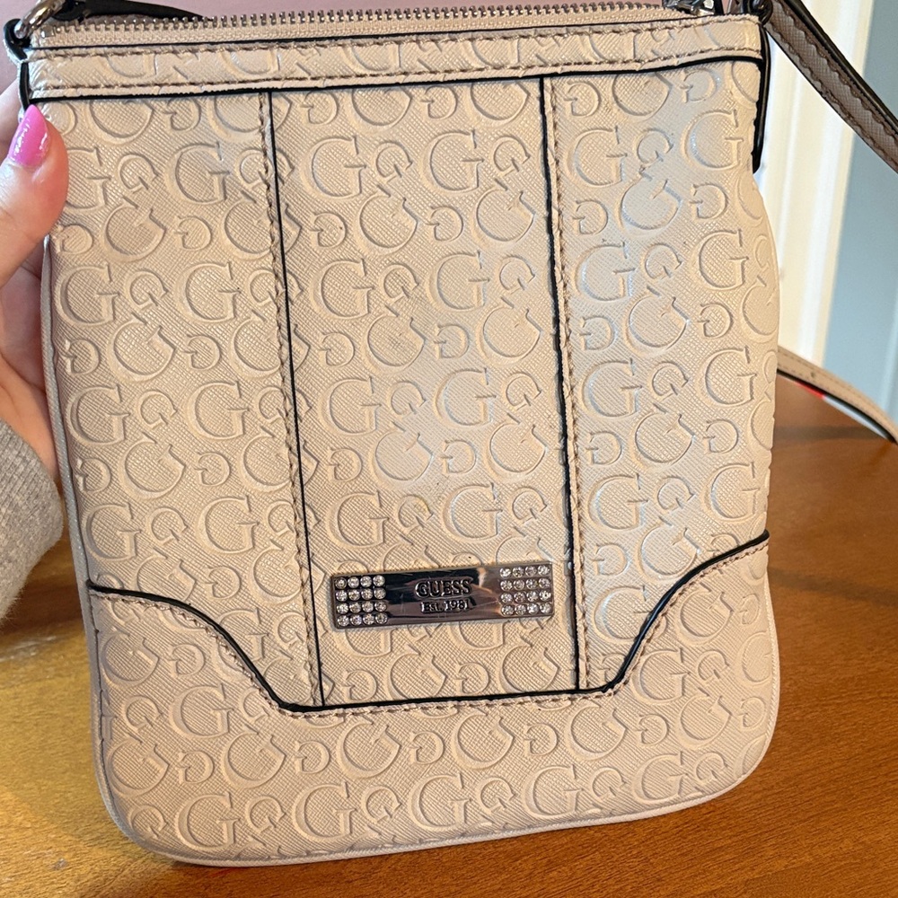 GUESS Embossed Logo Tan Crossbody Bag